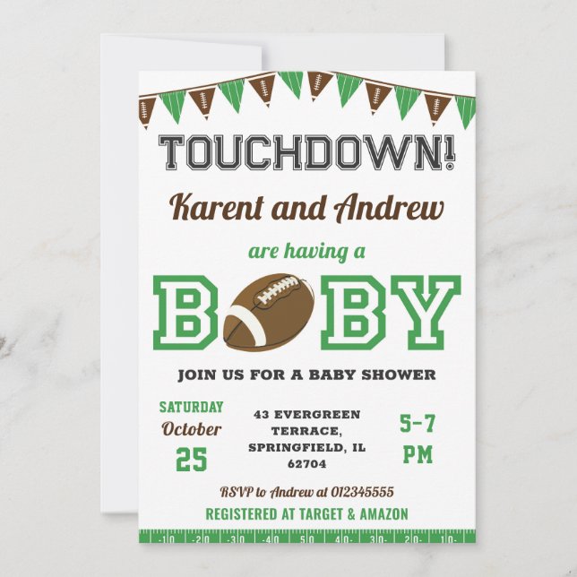 Invitation Baby shower de football personnel Touchdown Sports (Devant)