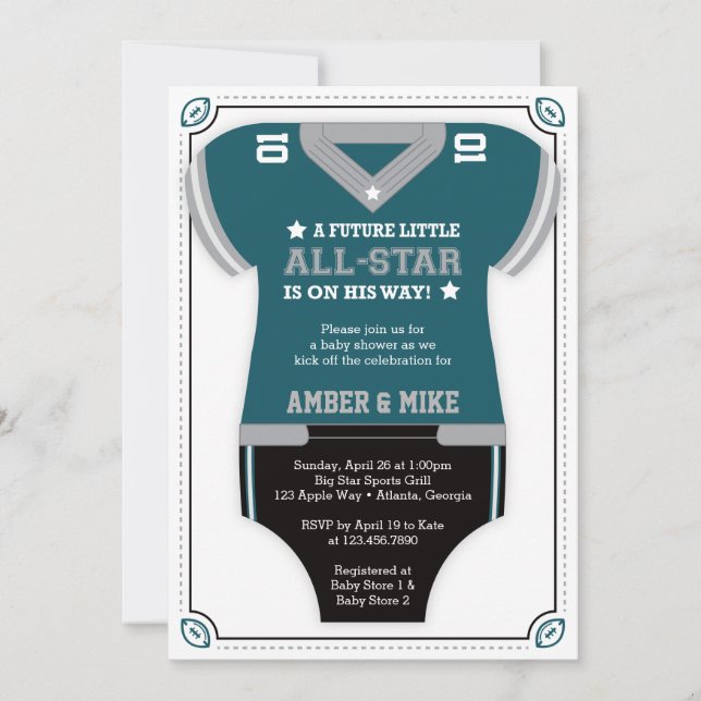 Invitation Baby shower de football, vert, noir (Devant)