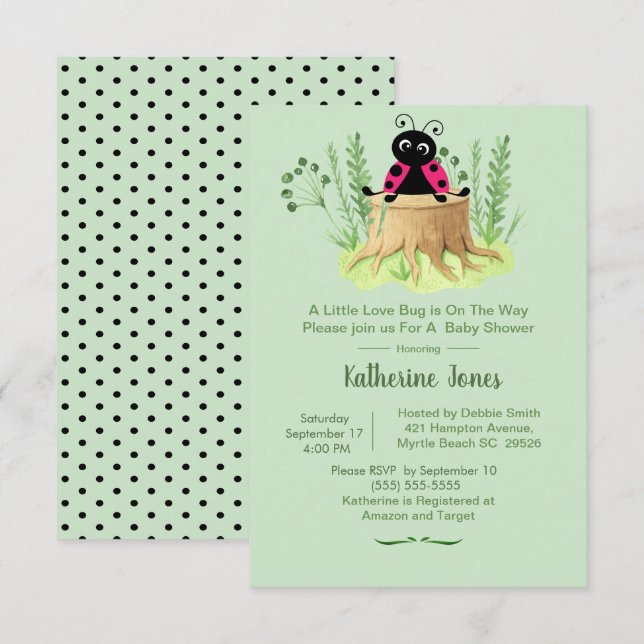 Invitation Baby shower de forêt de coccinte rose (Devant / Derrière)
