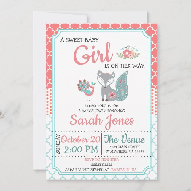 Invitation Baby shower de Fox bébé - Fille (Devant)