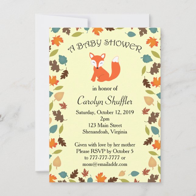Invitation Baby shower de Fox de région boisée de feuille (Devant)