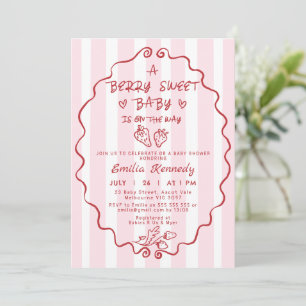 Invitation Baby shower de fraise rayé rouge tiré à la main
