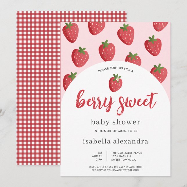 Invitation Baby shower de fraise rose (Devant / Derrière)