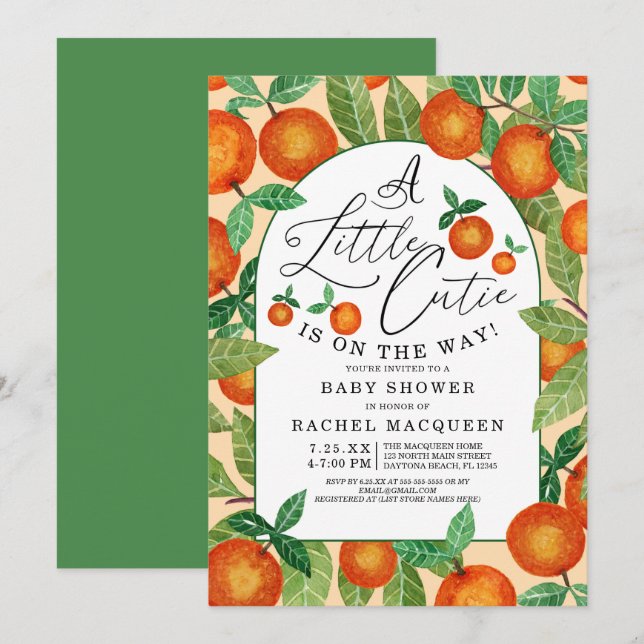 Invitation Baby shower de fruits botaniques de Little Cutie (Devant / Derrière)