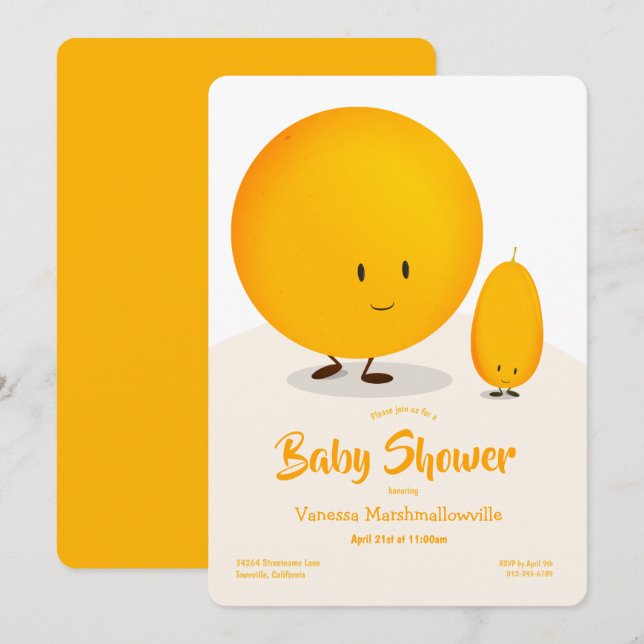 Invitation Baby shower de fruits caricaturaux blanc orange Ku (Devant / Derrière)