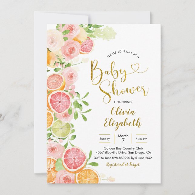 Invitation Baby shower de fruits de pamplemousse (Devant)