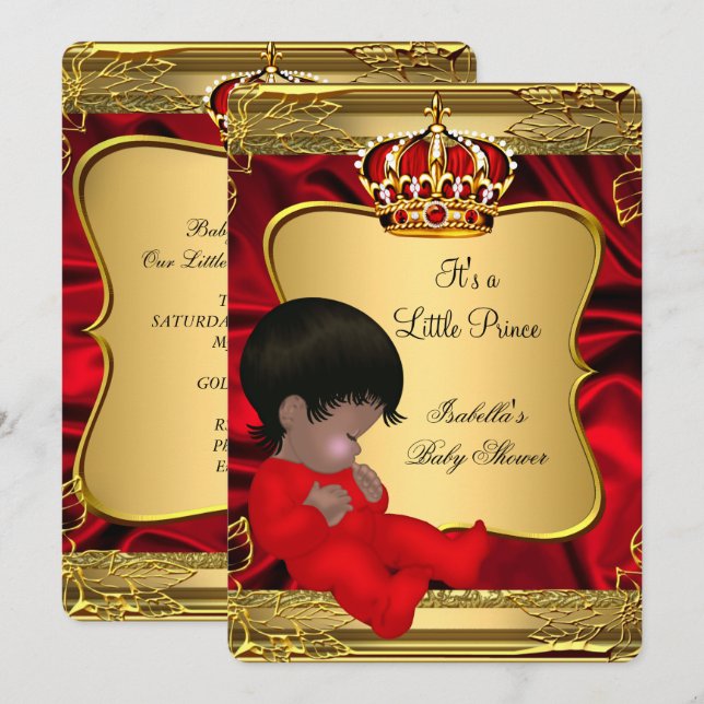 Invitation Baby shower de garçon afro-américain Red Gold (Devant / Derrière)