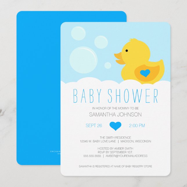 Invitation Baby shower de garçon bleu canard en ca (Devant / Derrière)