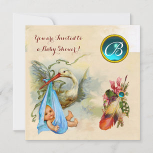INVITATION BABY SHOWER DE GARÇON BLEU STORK, MONOGRAMME EN PI