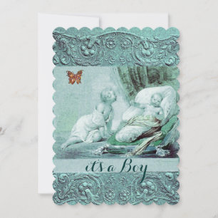 INVITATION BABY SHOWER DE GARÇON BLEUE, BOUTEILLE, ESCALIERS 