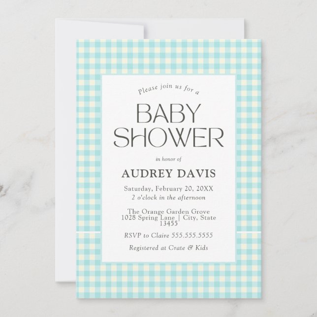 Invitation Baby shower de garçon classique En vichy bleu (Devant)