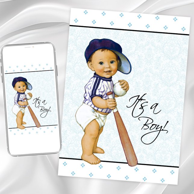 Invitation Baby shower de garçon Damask bleu (Sweet baseball baby shower invitation with adorable baby boy with baseball hat, bat and ball.)
