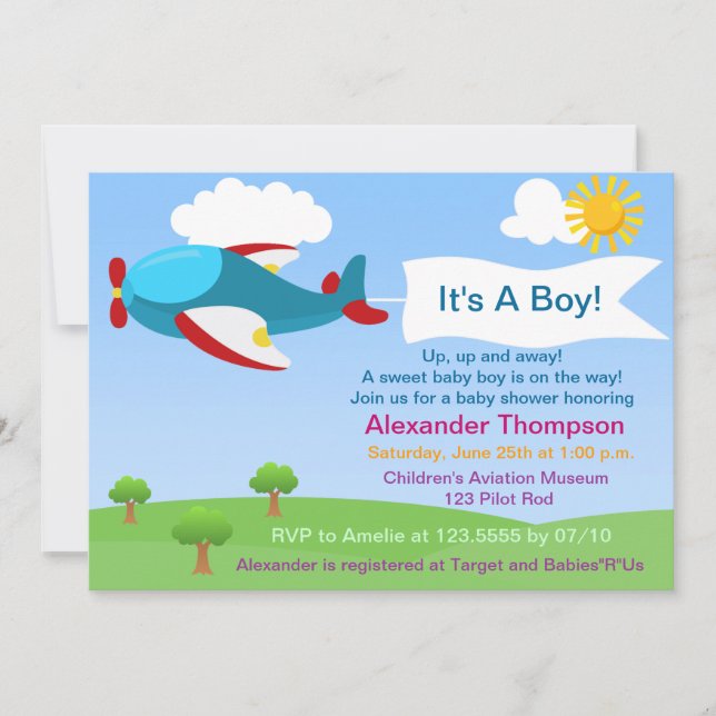 Invitation Baby shower de garçon d'avion mignonne (Devant)