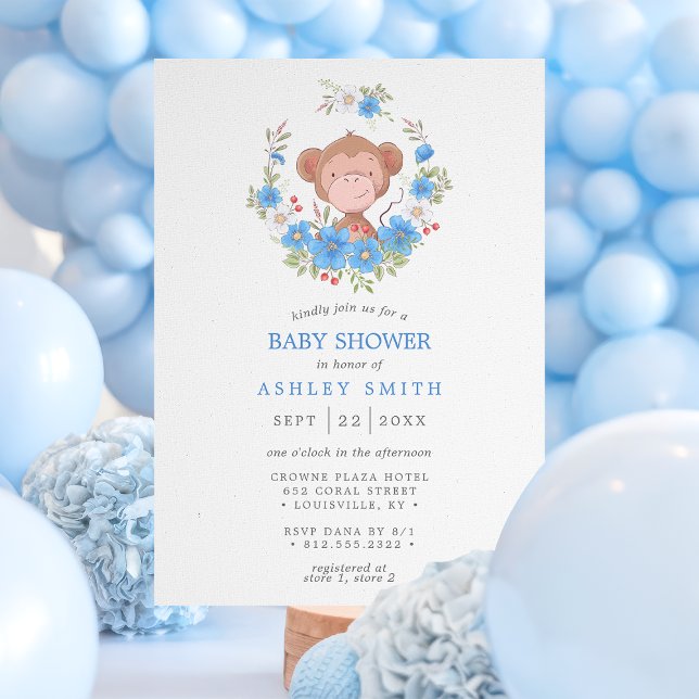 Invitation Baby shower de garçon de singe Blue Floral (Créateur téléchargé)