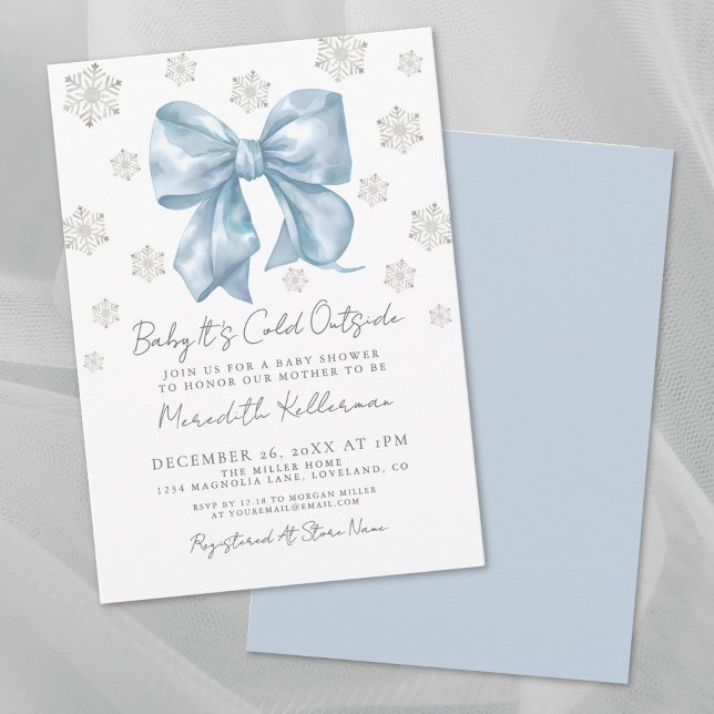 Invitation Baby shower de garçon d'hiver Blue Bow (Blue Bow Winter Boy Baby Shower Invitation)