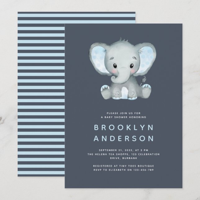 Invitation Baby shower de garçon éléphant à bande  (Devant / Derrière)