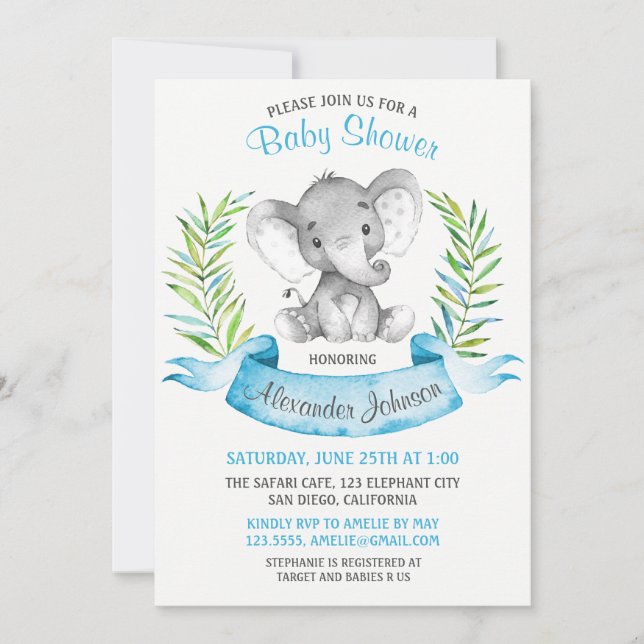 Invitation Baby shower de garçon Elephant aquarelle (Devant)