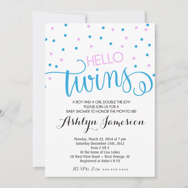Invitation Baby shower de garçon et fille Hello Tw (Devant)