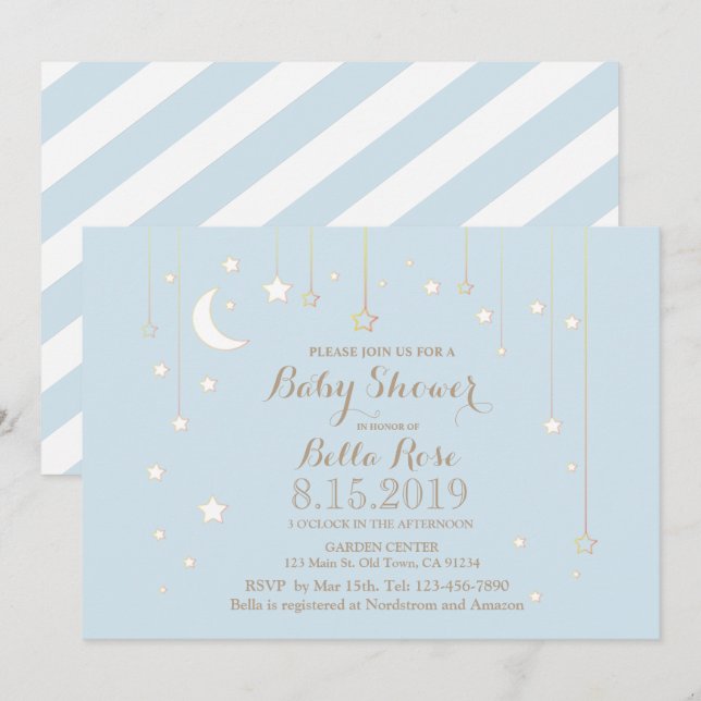Invitation Baby shower de garçon étoilé Lune Bleue (Devant / Derrière)
