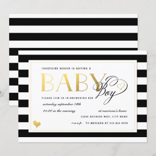 Invitation Baby shower de garçon Gold Faux Black & White
