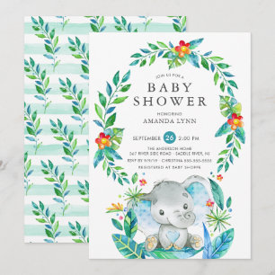 Invitation Baby shower de garçon Jungle Blue Elephant