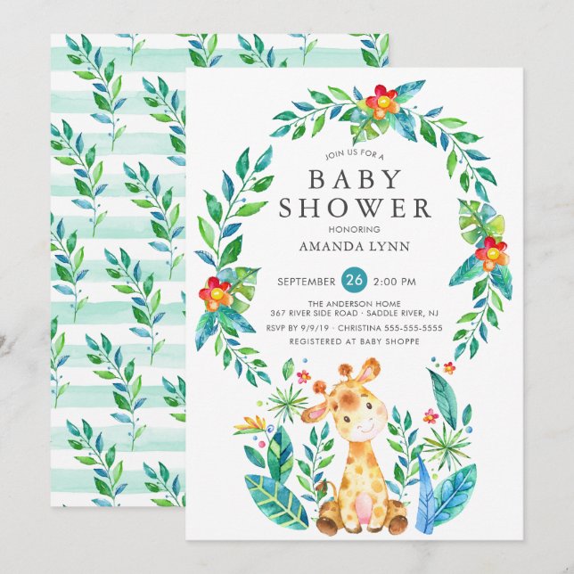 Invitation Baby shower de garçon Jungle Giraffe (Devant / Derrière)