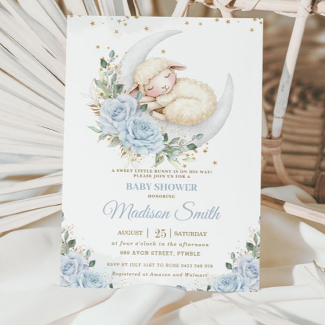 Invitation Baby shower de garçon moon doux bleu floral (Créateur téléchargé)
