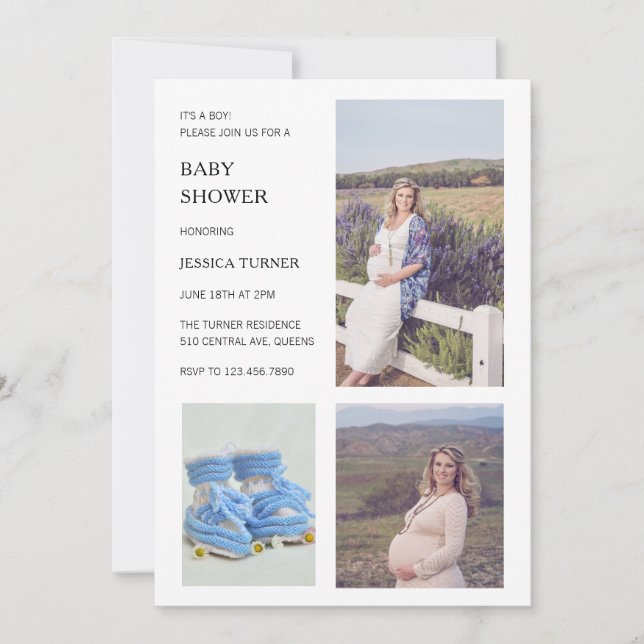 Invitation Baby shower de garçon photo blanc moderne (Devant)
