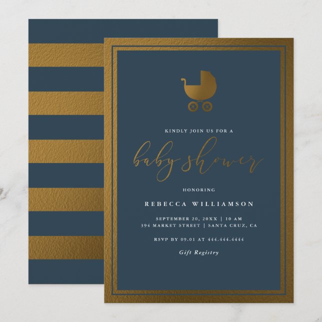 Invitation Baby shower de garçons Blue & Gold Pram de la mari (Devant / Derrière)