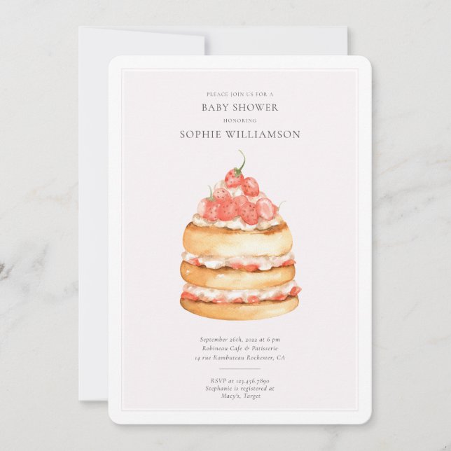 Invitation Baby shower de gâteau aux fraises rose Aquarelle (Devant)