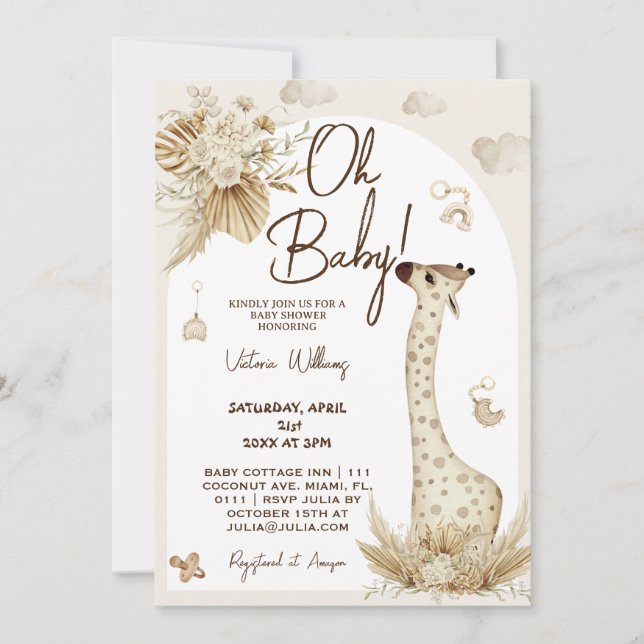 Invitation Baby shower de girafe de Nursery Boho (Devant)