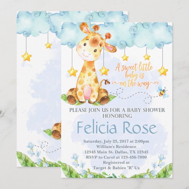 Invitation Baby shower de Girafe Invitation Blue B (Devant / Derrière)