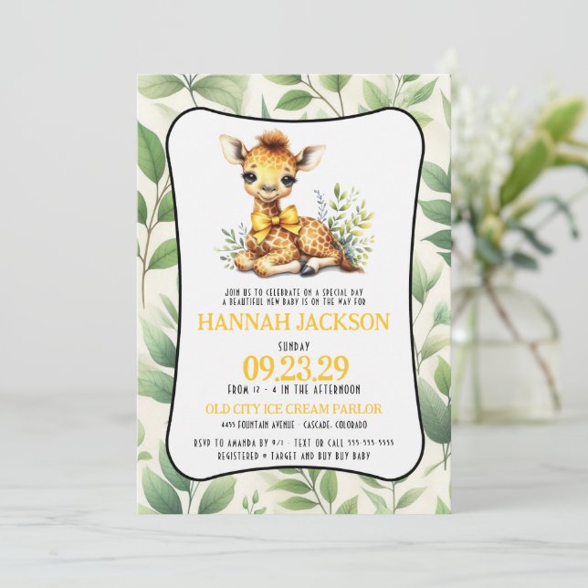 Invitation Baby shower de girafe jaune (Debout devant)