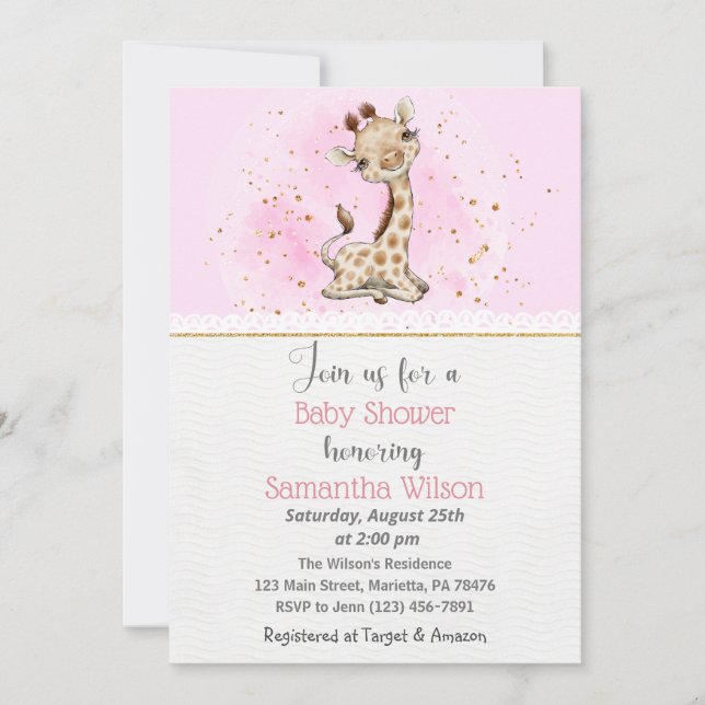 Invitation Baby shower de girafe rose et or (Devant)