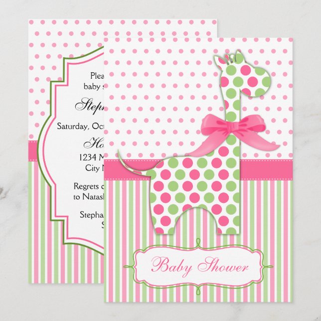 Invitation Baby shower de girafe rose et verte (Devant / Derrière)