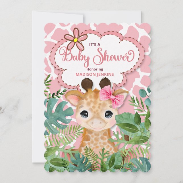 Invitation Baby shower de girafe Safari rose (Devant)
