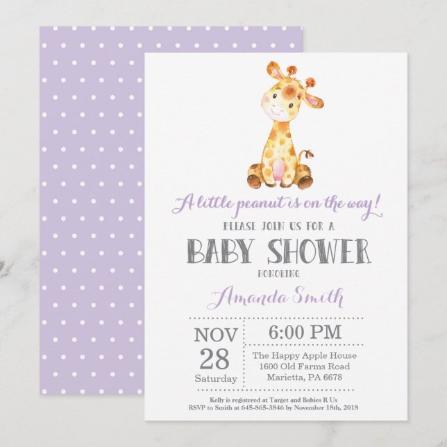 Invitation Baby shower de girafe violet et gris (Devant / Derrière)