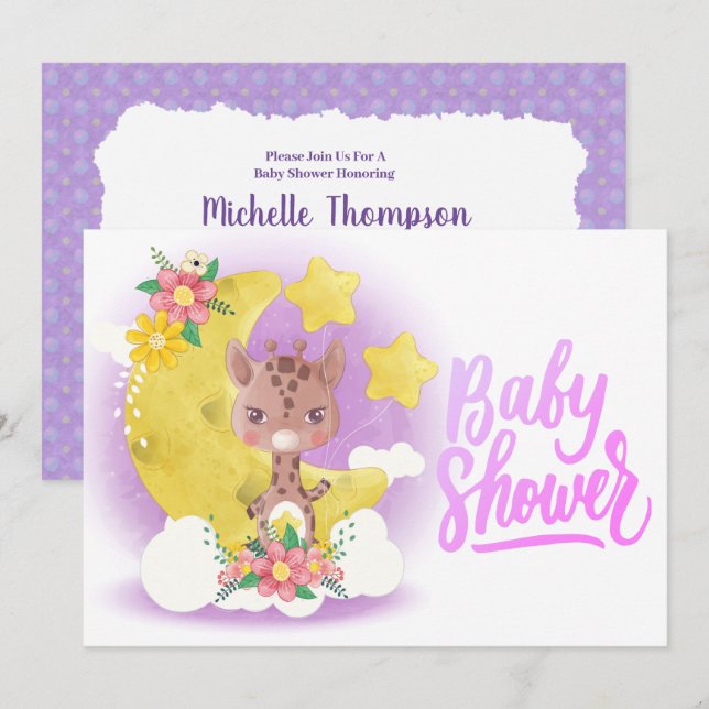 Invitation Baby shower de Giraffe mignonne violet (Devant / Derrière)