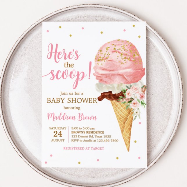 Invitation Baby shower de glace rose (Here is the Scoop Baby Shower Invitation)