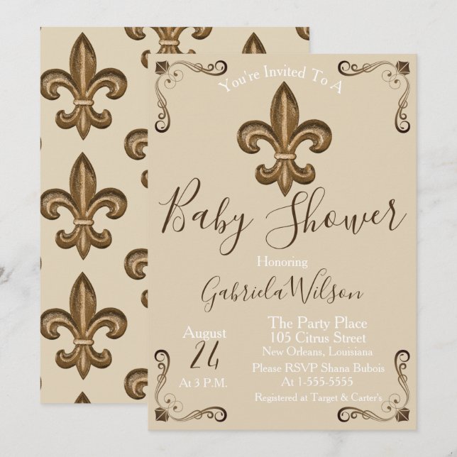 Invitation Baby shower de Golden Fleur de Lis Neutral de (Devant / Derrière)
