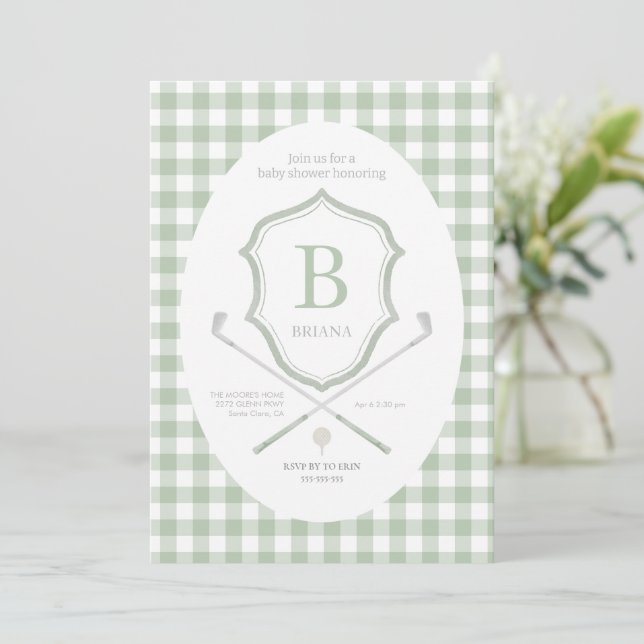 Invitation baby shower de golf Sage green (Debout devant)