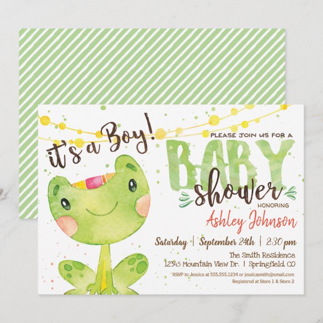 Invitation Baby shower de grenouille, Garçon (Devant / Derrière)