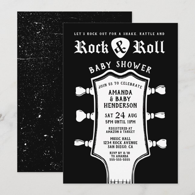 Invitation Baby shower de guitare noir et blanc (Devant / Derrière)