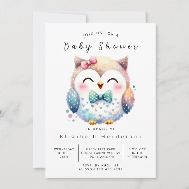 Invitation Baby shower de hibou en ligne gracieux (Devant)
