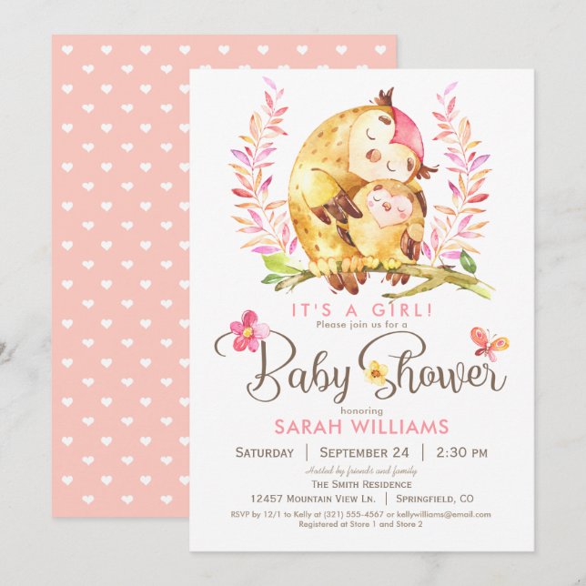 Invitation Baby shower de hibou, fille (Devant / Derrière)
