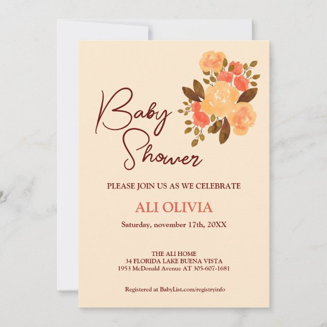 Invitation Baby shower de jardin aux fleurs d'aquarelle (Devant)