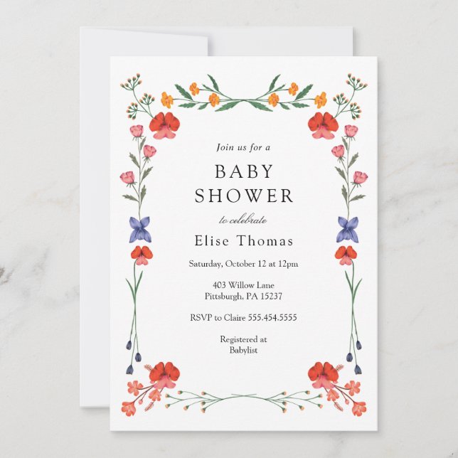 Invitation Baby shower de jardin botanique fleur sauvage (Devant)