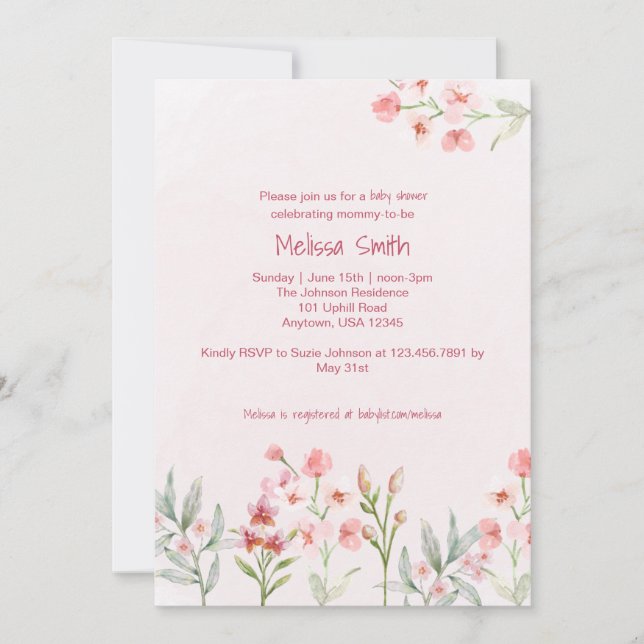 Invitation Baby shower de jardin Fleur sauvage ros (Devant)