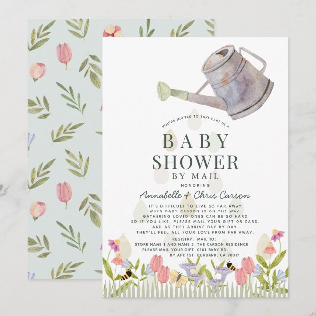 Invitation Baby shower de jardin fleuri Can par courrier (Devant / Derrière)