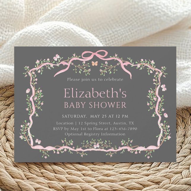 Invitation Baby shower de jardin gris et rose (Créateur téléchargé)